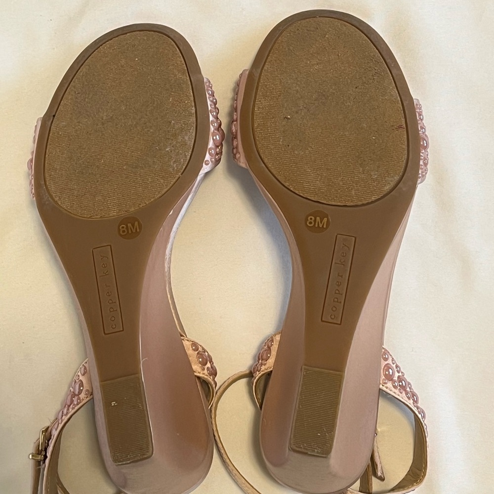 Copper Key Pink Faux Pearl Embellished Ankle Strap Coquette Wedge Sandals Size 8 - Picture 6 of 10